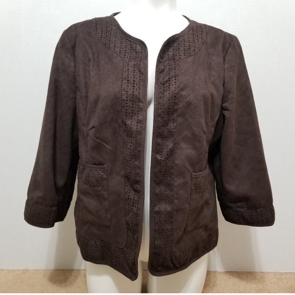 East 5th jacket faux suede open front laser cut eyelet detailing pockets
